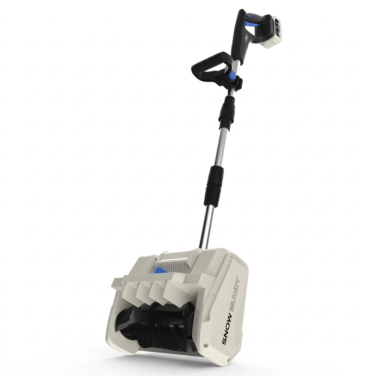 Snow Buddy cordless electric snow shovel, front three-quarter view