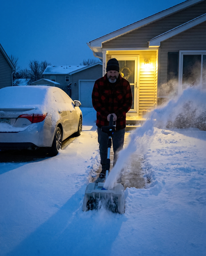 Clearing the front walk early in the morning with Snow Buddy