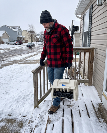 Carrying Snow Buddy down the porch steps