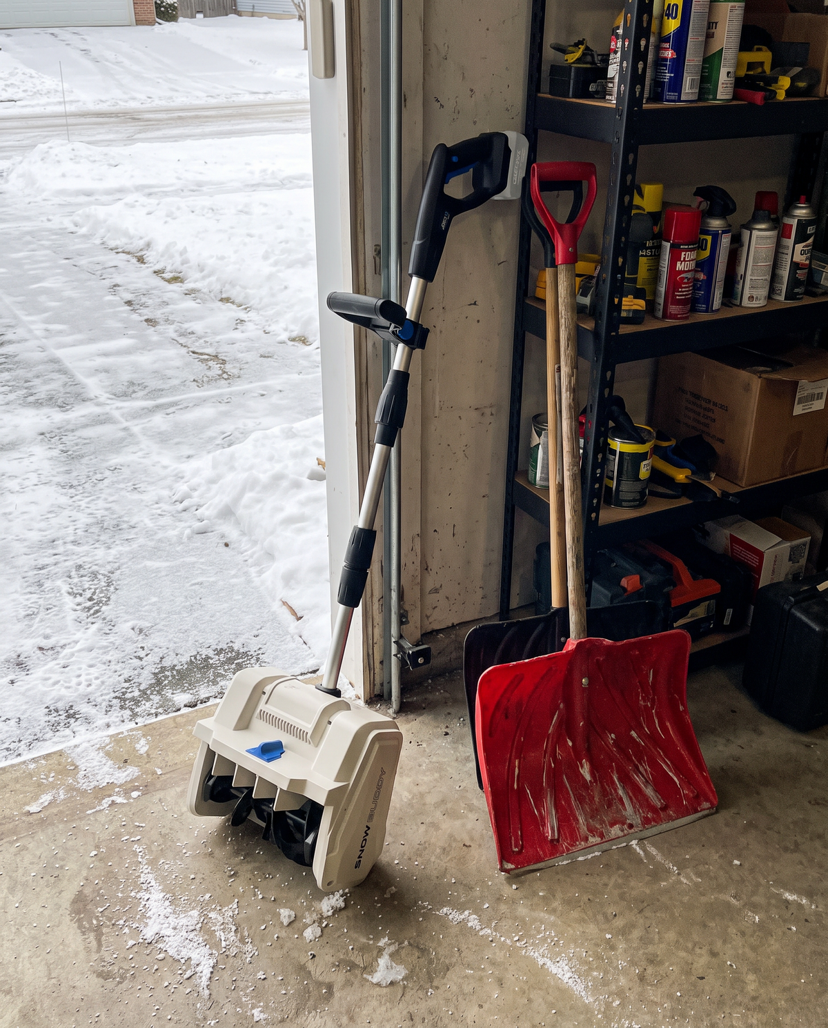 Snow Buddy in the garage next to an old snow shovel
