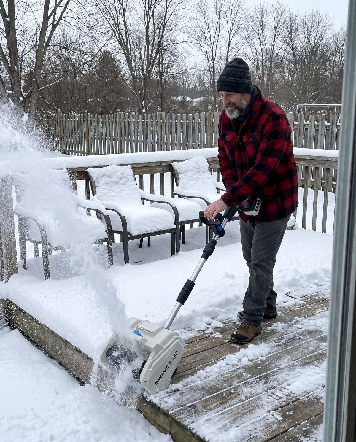 Clearing a backyard deck with Snow Buddy
